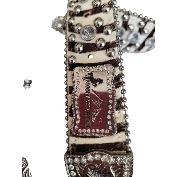 Montana West Western Zebra Print Leather Belt Calf Hair Rhinestone Studded 36 - Picture 2 of 9